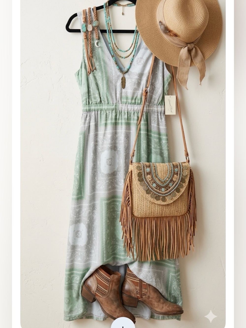 NWT. Boho style. Light Green and White Paisley Tie-Waist Maxi Dress. Size S.